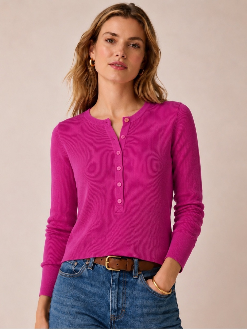 J.Crew TENCEL Blend Ribbed Henley Sweater Raspberry  Pink Long Sleeve Size S